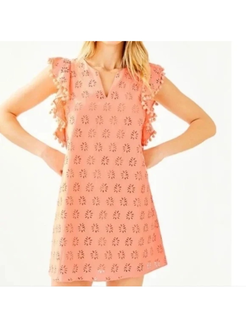 Women's Coral Eyelet Ruffle Shift Dress